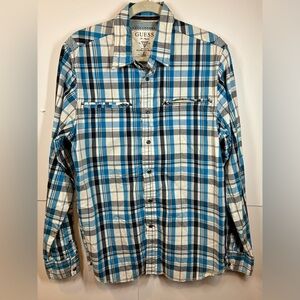 Guess Blue Plaid Button-Up Shirt Wing Skull Back Men’s Large